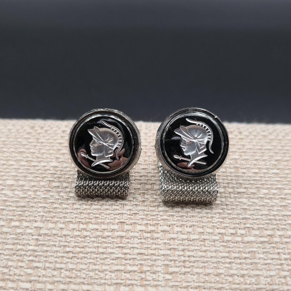 Carved Hematite Roman Soldier's Head Cameo Cuff Links Vintage B846